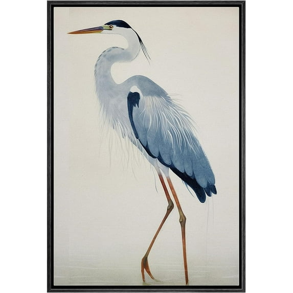 PixonSign Framed Canvas Print Wall Art Watercolor Pastel Blue Heron Galapagos Bird Animals Wilderness Illustrations Modern Art Antique Vintage Farmhouse Relax/Calm/Cozy for Bedroom - 24"x36" Black