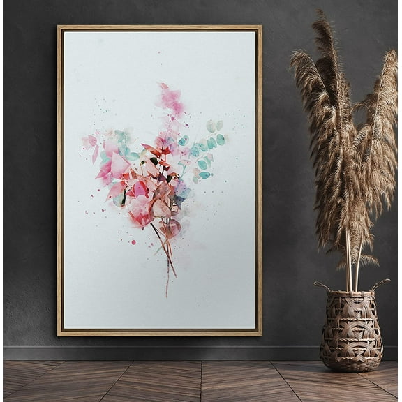 PixonSign Framed Canvas Print Wall Art Watercolor Pink Flowers Nature Wilderness Illustrations Modern Art Contemporary Multicolor Pastel for Living Room, Bedroom, Office - 24x36 Natural