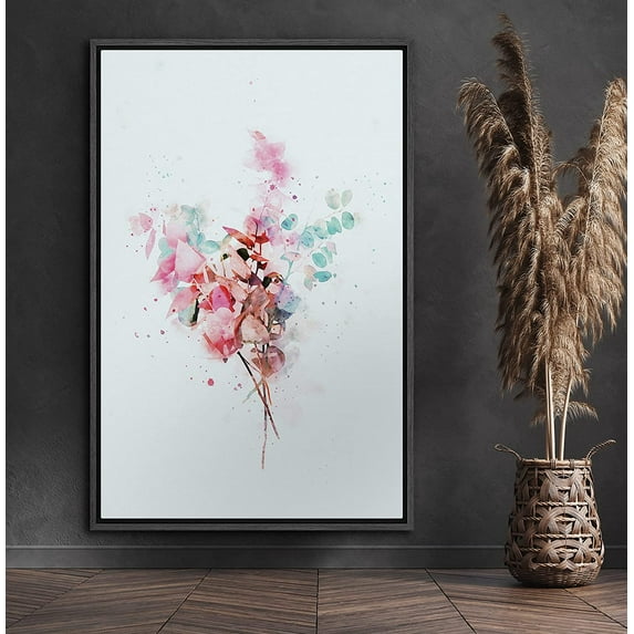 PixonSign Framed Canvas Print Wall Art Watercolor Pink Flowers Nature Wilderness Illustrations Modern Art Contemporary Multicolor Pastel for Living Room, Bedroom, Office - 24x36 Black
