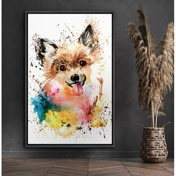 PixonSign Framed Canvas Print Wall Art Watercolor Splash Pomeranian Animals Wilderness Illustrations Modern Art Rustic Landscape Expressive Multicolor for Living Room, Bedroom, Office - 24"x36" Black