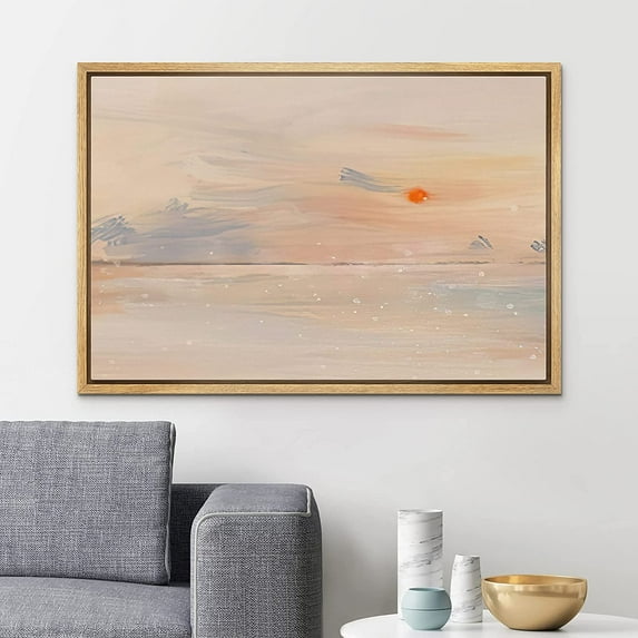 PixonSign Framed Canvas Print Wall Art Watercolor Tropical Sunset Sea Landscape Nature Wilderness Illustrations Modern Art Decorative Minimal Rustic for Living Room, Bedroom, Office - 24"x36" NATURAL