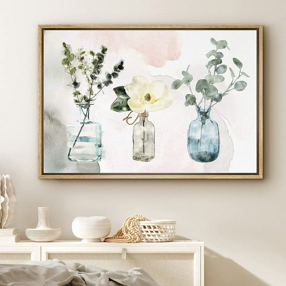 PixonSign Framed Canvas Print Wall Art White Camellia Flower with Vases Botanical Plants Watercolor Modern Art Glam Group Colorful Multicolor Pastel for Living Room, Bedroom, Office - 24"x36" Natural