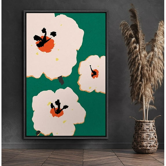 PixonSign Framed Canvas Print Wall Art White & Orange Flower Print Nature Wilderness Illustrations Modern Art Contemporary Colorful Multicolor for Living Room, Bedroom, Office - 16x24 Black