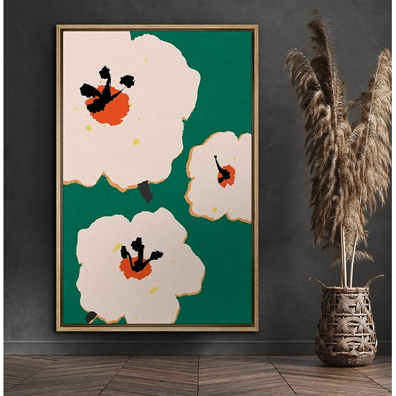 PixonSign Framed Canvas Print Wall Art White & Orange Flower Print Nature Wilderness Illustrations Modern Art Contemporary Colorful Multicolor for Living Room, Bedroom, Office - 24x36 Natural