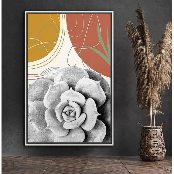 PixonSign Framed Canvas Print Wall Art White Rose Succulent by Circles Botanical Wilderness Mixed Media Modern Art Chic Colorful Multicolor Pastel for Living Room, Bedroom, Office - 24"x36" White