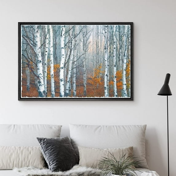 PixonSign Framed Canvas Print Wall Art White Trees in Orange Forest Floral Wilderness Illustrations Modern Art Rustic Landscape Colorful Pastel for Living Room, Bedroom, Office - 16"x24" Black