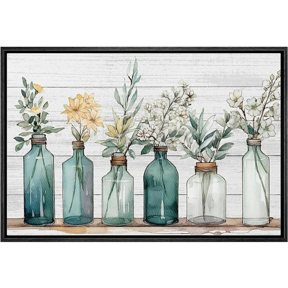 PixonSign Framed Canvas Print Wall Art White Wood Panel Garden Wildflowers Nature Wilderness Illustrations Modern Art Botanical Floral Farmhouse/Country Relax/Calm/Cozy for Bedroom - 16"x24" Natural