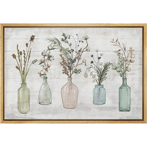 PixonSign Framed Canvas Print Wall Art Wood Panel Flowers In Glass Vases Nature Wilderness Illustrations Modern Art Botanical Floral Farmhouse/Country Relax/Calm/Cozy for Bedroom - 16"x24" Natural