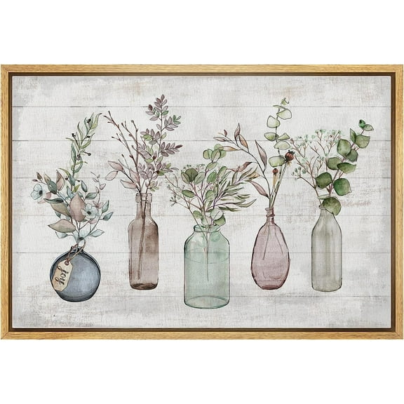 PixonSign Framed Canvas Print Wall Art Wood Panel Forest Wildflowers In Vases Nature Wilderness Illustrations Modern Art Botanical Floral Farmhouse/Country Relax/Calm/Cozy - 16"x24" Natural