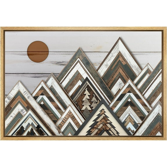 PixonSign Framed Canvas Print Wall Art Wood Panel Mountain Range Nature Wilderness Digital Art Wood Panel Landscape Farmhouse/Country Relax/Calm/Cozy Geometric Abstract - 16"x24" Natural