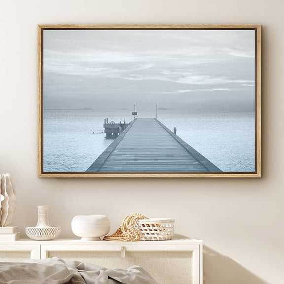 PixonSign Framed Canvas Print Wall Art Wooden Pier Stretches Into Ocean Nature Wilderness Photography Realism Contemporary Scenic Dramatic Blue for Living Room, Bedroom, Office - 24"x36" Natural