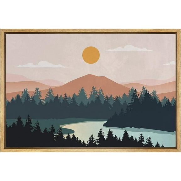 PixonSign Framed Canvas Print Wall Art Woodland Nursery Decor Geometric Pastel Mountain Range Nature Wilderness Modern Art Decorative Boho Relax/Zen - 16"x24" Natural