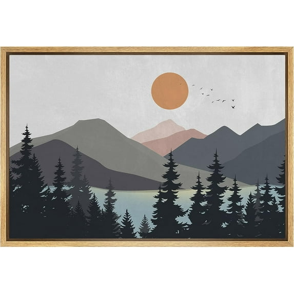 PixonSign Framed Canvas Print Wall Art Woodland Nursery Decor Pastel Mountain Pine Tree Lake Nature Wilderness Modern Art Decorative Boho Relax/Zen - 16"x24" Natural