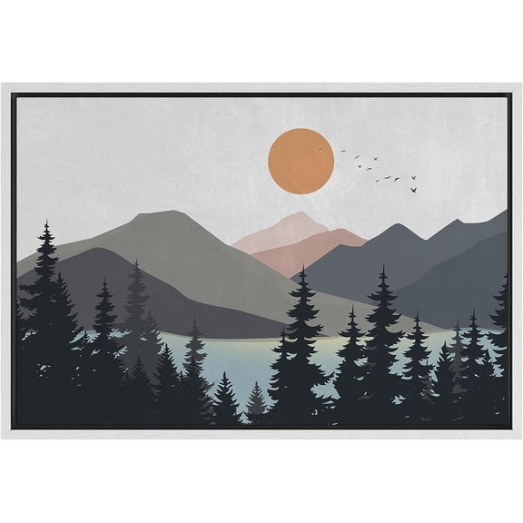PixonSign Framed Canvas Print Wall Art Woodland Nursery Decor Pastel Mountain Pine Tree Lake Nature Wilderness Modern Art Decorative Boho Relax/Zen - 16"x24" White