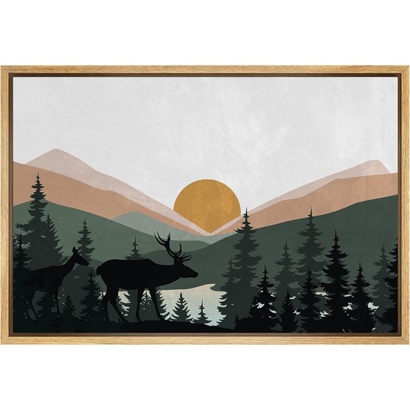 PixonSign Framed Canvas Print Wall Art Woodland Nursery Decor Sunlight Mountain Pine Forest Lake Nature Wilderness Modern Art Decorative Boho Relax/Zen - 16"x24" Natural