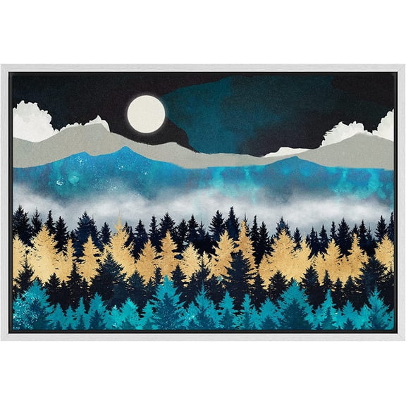 PixonSign Framed Canvas Print Wall Art Woodland Nursery Decor Teal Granite Mountain Range Forest Nature Wilderness Modern Art Rustic Zen Landscape - 24"x36" White