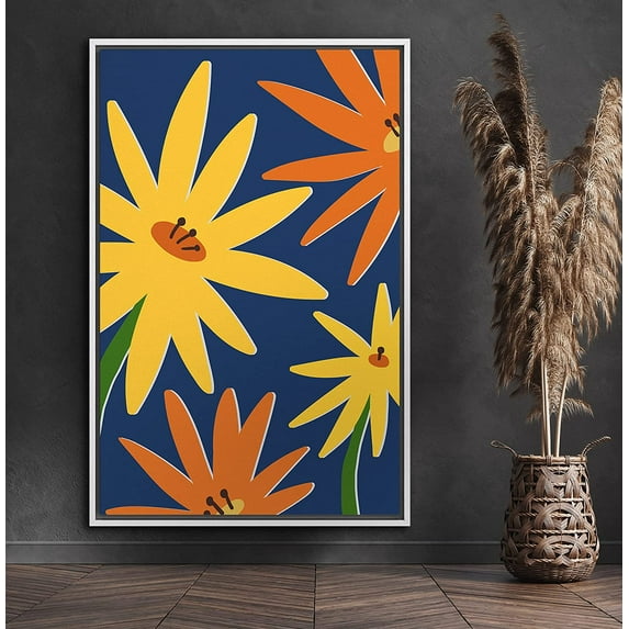 PixonSign Framed Canvas Print Wall Art Yellow & Orange Flower Print Nature Wilderness Illustrations Modern Art Contemporary Colorful Multicolor for Living Room, Bedroom, Office - 16x24 White