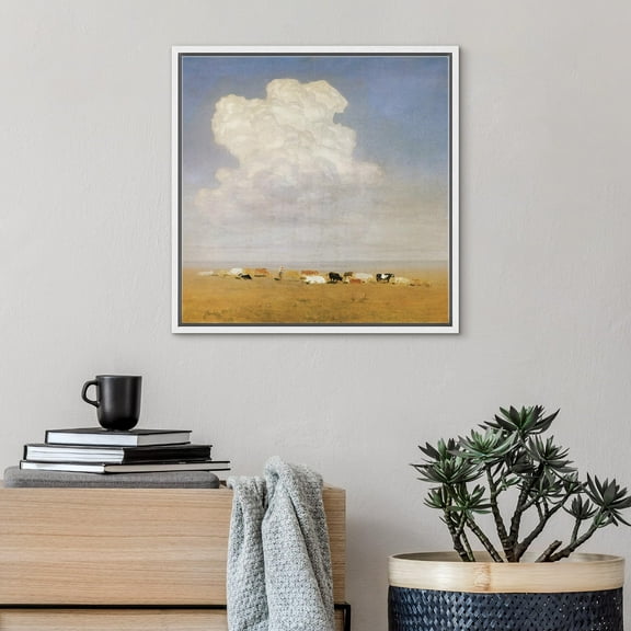 PixonSign Framed Canvas Wall Art Cloudy Animal Ranch Farm Landscape Print Nature Wilderness Fine Art Farmhouse/Country Minimal Artwork for Living Room, Bedroom, Office - 24"x24" White