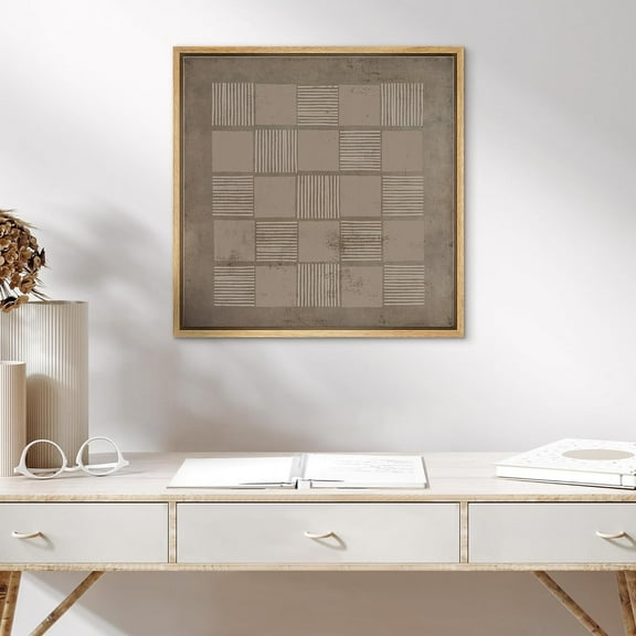 PixonSign Framed Canvas Wall Art Geometric Square Line Grunge Pattern Print Abstract Fine Art Alternative Decorative Dark Minimal Artwork for Living Room, Bedroom, Office - 24"x24" Natural