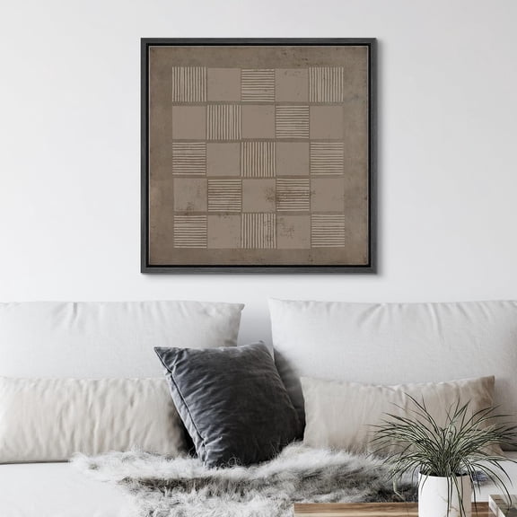 PixonSign Framed Canvas Wall Art Geometric Square Line Grunge Pattern Print Abstract Fine Art Alternative Decorative Dark Minimal Artwork for Living Room, Bedroom, Office - 16"x16" Black