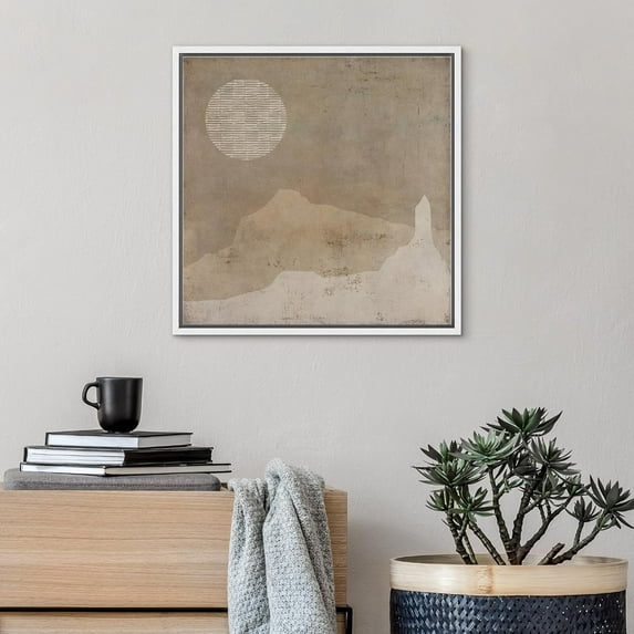 PixonSign Framed Canvas Wall Art Grunge Dark Brown Minimal Landscape Print Abstract Fine Art Decorative Artwork Boho Relax/Zen Nordic for Living Room, Bedroom, Office - 16"x16" White
