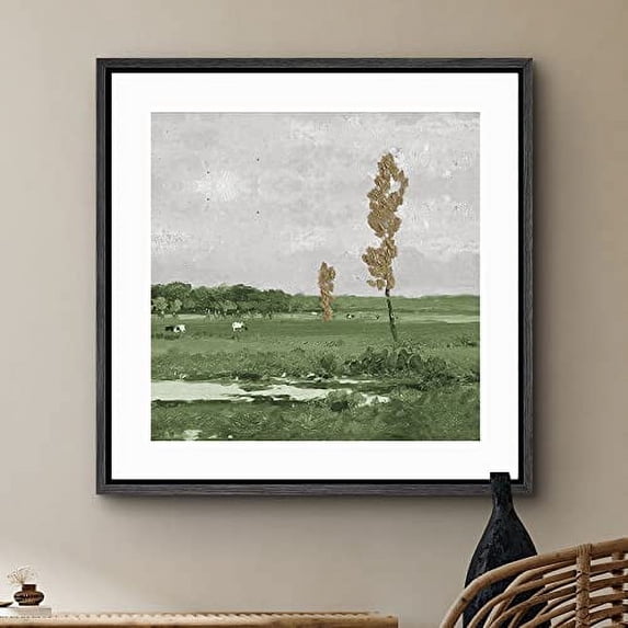 PixonSign Framed Canvas Wall Art Landscape View of Countryside Lake Cows Print Nature Wilderness Fine Art Farmhouse/Country Minimal Artwork for Living Room, Bedroom, Office - 24"x24" Black