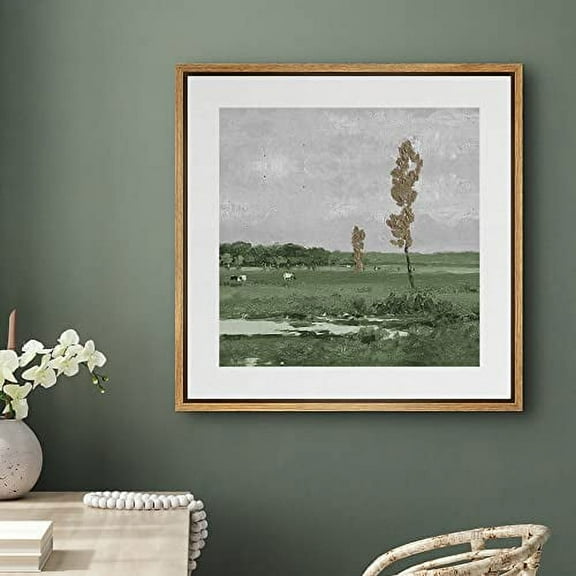 PixonSign Framed Canvas Wall Art Landscape View of Countryside Lake Cows Print Nature Wilderness Fine Art Farmhouse/Country Minimal Artwork for Living Room, Bedroom, Office - 24"x24" Natural