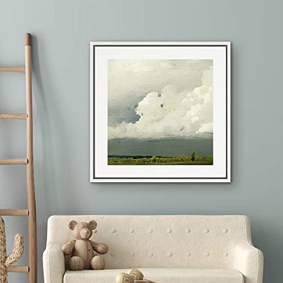 PixonSign Framed Canvas Wall Art Storm Clouds Over Green Countryside Field Print Nature Landscape Fine Art Farmhouse/Country Minimal Artwork for Living Room, Bedroom, Office - 24"x24" White
