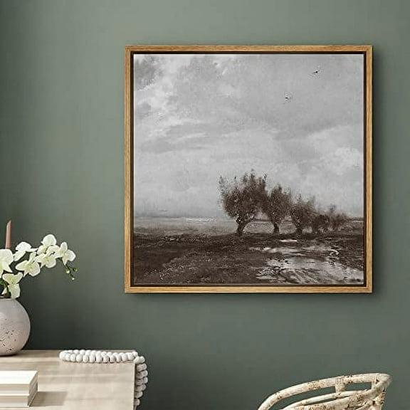PixonSign Framed Canvas Wall Art Stormy Autumn Winter Pastoral Tree Landscape Print Nature Wilderness Fine Art Farmhouse/Country Minimal Artwork for Living Room, Bedroom, Office - 24"x24" Natural