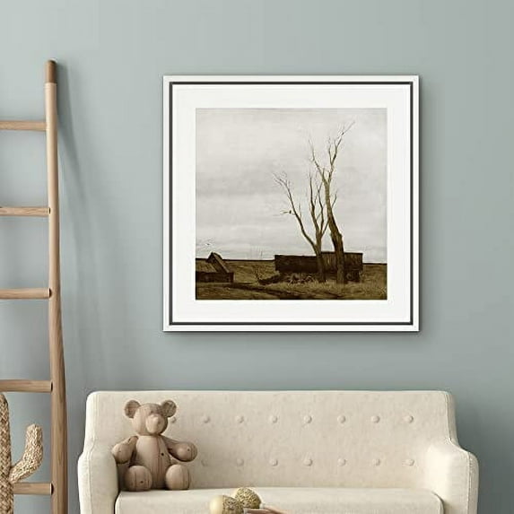 PixonSign Framed Canvas Wall Art Vintage Pastel Countryside Farm Landscape Print Nature Wilderness Fine Art Farmhouse/Country Minimal Artwork for Living Room, Bedroom, Office - 24"x24" White