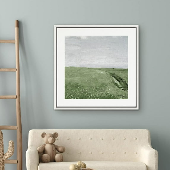 PixonSign Framed Canvas Wall Art Watercolor Green Pasture Countryside Horizon Print Nature Wilderness Fine Art Farmhouse/Country Minimal Artwork for Living Room, Bedroom, Office - 16"x16" White