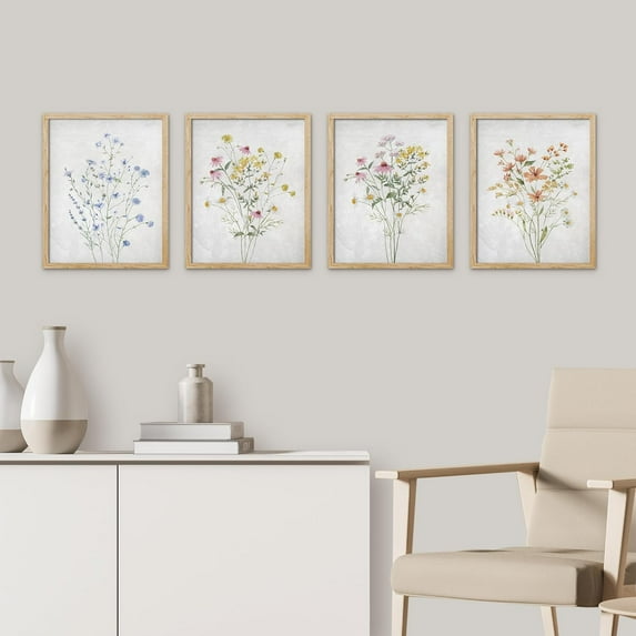 PixonSign Framed Colorful Wildflower Still Life Wall Art, Set of 4 Floral Botanical Print Wall Decor Prints, Nature Wilderness Wall Décor, Country Farmhouse Rustic Artwork - 11"x14" Natural