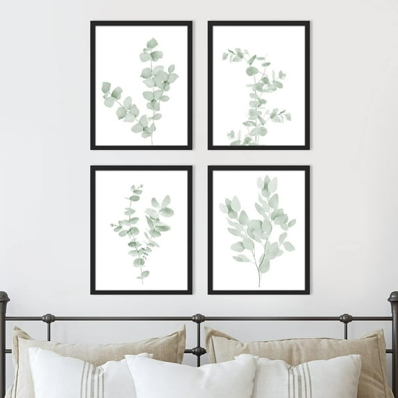 PixonSign Framed Green Forest Leaf Variety Wall Art, Set of 4 Nature Wilderness Wall Decor Prints, Botanical Floral Wall Décor, Adhesive Canvas Poster, Modern Art Decorative - 8"x10" Black