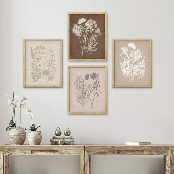 PixonSign Framed Grunge Forest Flower Bouquet Wall Art, Set of 4 Nature Wilderness Wall Prints, Botanical Floral Wall Décor, Wildflower Shadow Digital Modern Canvas Poster Set - 8"x10" Natural