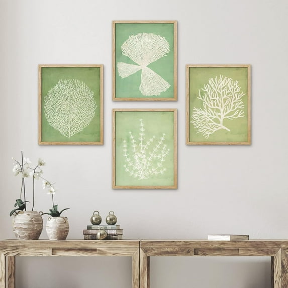 PixonSign Framed Mint Green Ocean Sea Coral Wall Art, Set of 4 Nature Wilderness Plant Texture Prints, Botanical Floral Wall Décor, Modern Artwork for Living Room, Bedroom - 12"x16" Natural