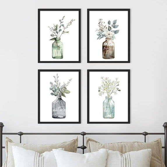 PixonSign Framed Pastel Forest Leaf Glass Vase Wall Art, Set of 4 Nature Wildeflowers Room Decor Prints, Botanical Floral Wall Décor, Modern Landscape Posters for Office - 8"x10" Black