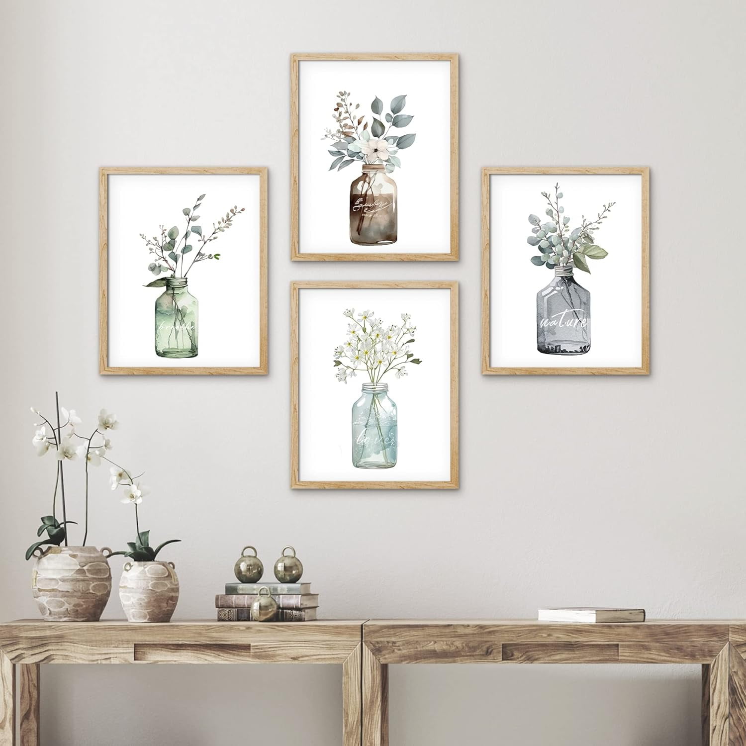 PixonSign Framed Pastel Forest Leaf Glass Vase Wall Art, Set of 4 ...