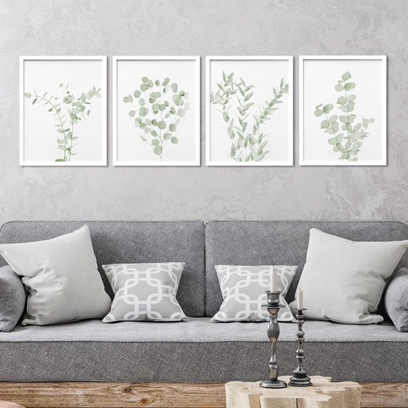 PixonSign Framed Pastel Watercolor Green Leaves Wall Art, Set of 4 Nature Wilderness Wall Decor Prints, Botanical Floral Wall Décor, Tree Vine Branch Rustic Posters for Bedroom - 8"x10" White