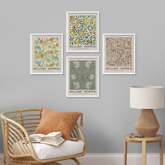 PixonSign Framed Posters William Morris Abstract Floral Patterns Prints, Set of 4 Country Farmhouse Vintage Flower Wall Décor, Adhesive Canvas Wall Art, Modern Home Artwork - 8"x10" White