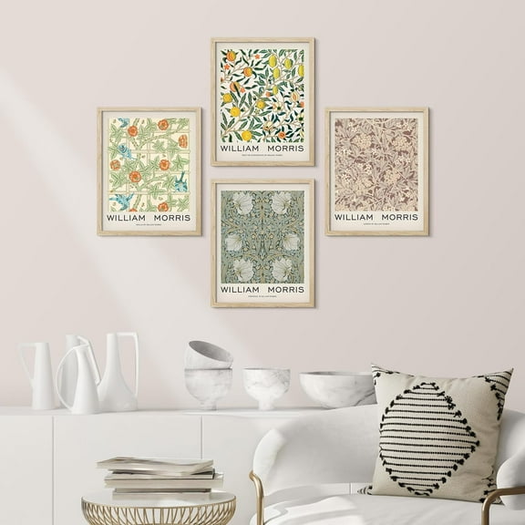 PixonSign Framed Posters William Morris Abstract Floral Patterns Prints, Set of 4 Country Farmhouse Vintage Flower Wall Décor, Adhesive Canvas Wall Art, Modern Home Artwork - 11"x14" Natural