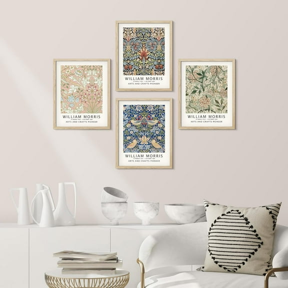 PixonSign Framed Posters William Morris Floral Tapestry Pattern Prints, Set of 4 Country Farmhouse Vintage Plants Wall Décor, Adhesive Canvas Wall Art, Modern Home Artwork - 11"x14" Natural