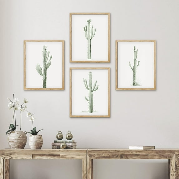PixonSign Framed Southwest Saguaro Desert Cactus Wall Art, Set of 4 Nature Wilderness Succulents Plants Wall Prints, Botanical Floral Wall Décor, Modern Relax Clam Home Artwork - 8"x10" Natural