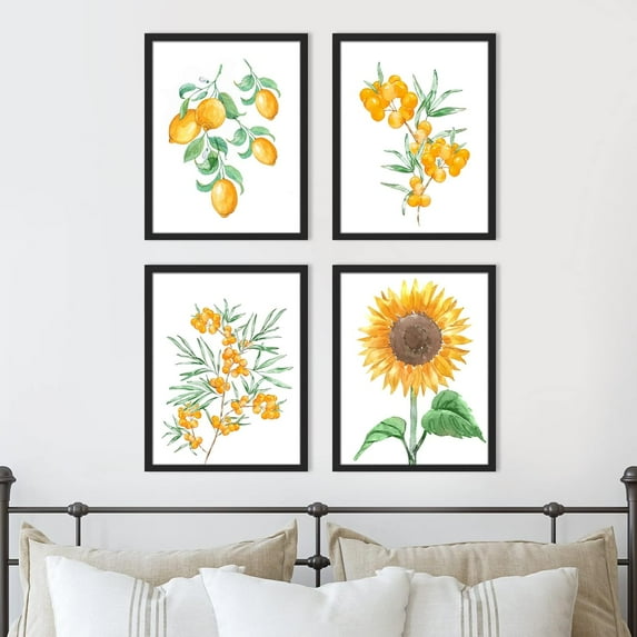 PixonSign Framed Summer Lemon Fruit Sunflower Plants Wall Art, Set of 4 Nature Wildeflowers Wall Decor Prints, Botanical Floral Wall Décor, Landscape Canvas Poster for Home - 11"x14" Black