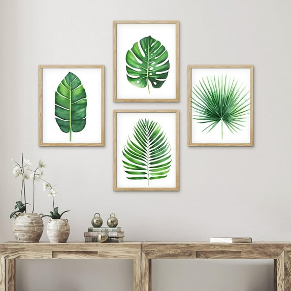 PixonSign Framed Tropical Island Banana Palm Leaf Wall Art, Set of 4 Nature Wilderness Wall Decor Prints, Botanical Floral Leaves Wall Décor, Home Artwork for Office, Bedroom - 11"x14" Natural
