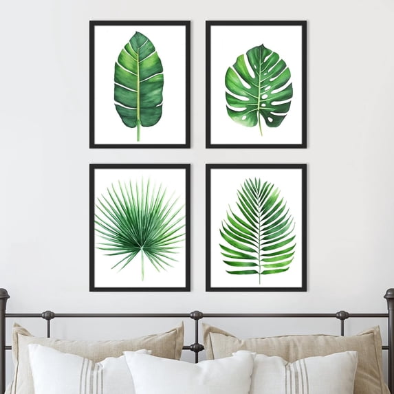 PixonSign Framed Tropical Island Banana Palm Leaf Wall Art, Set of 4 Nature Wilderness Wall Decor Prints, Botanical Floral Leaves Wall Décor, Home Artwork for Office, Bedroom - 11"x14" Black