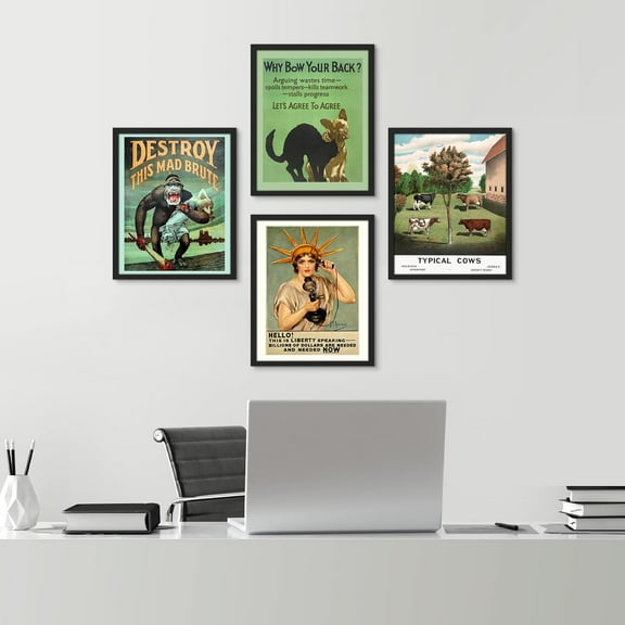 PixonSign Framed Wall Art, 1920s Vintage Poster Art Deco Nouveau Posters, Set of 4 Motivational Inspirational Wall Decor Cartoon Prints, Vintage Wall Décor for Living Room - 11"x14" Black