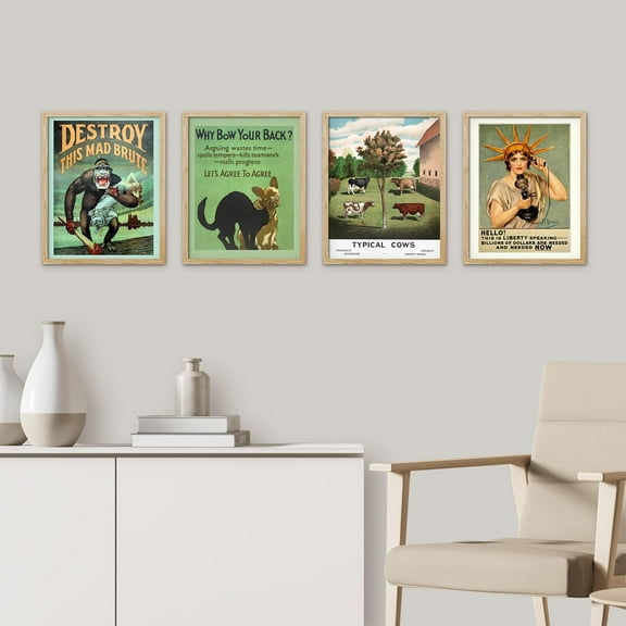 PixonSign Framed Wall Art, 1920s Vintage Poster Art Deco Nouveau Posters, Set of 4 Motivational Inspirational Wall Decor Cartoon Prints, Vintage Wall Décor for Living Room - 8"x10" Natural
