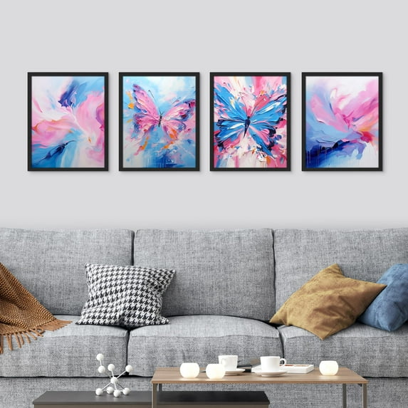 PixonSign Framed Wall Art Abstract Floral & Butterfly Vibrant Posters, Set of 4 Colorful Nature Digital Art, Minimalism Multicolor Scenic Canvas Prints for Home Decor - 8"x10" Black