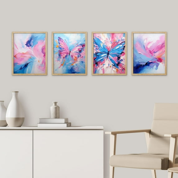 PixonSign Framed Wall Art Abstract Floral & Butterfly Vibrant Posters, Set of 4 Colorful Nature Digital Art, Minimalism Multicolor Scenic Canvas Prints for Home Decor - 8"x10" Natural