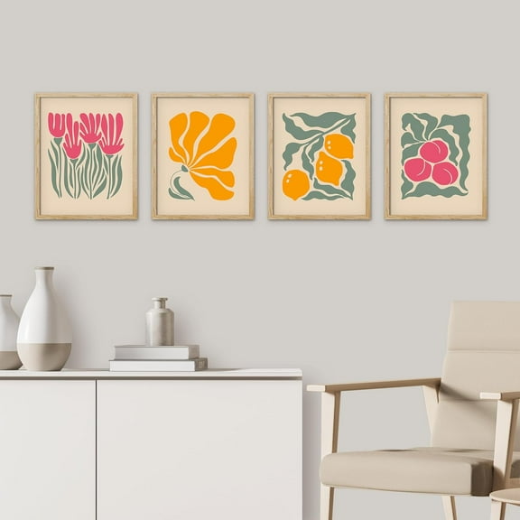 PixonSign Framed Wall Art, Abstract Flower Art Prints, Set of 4 Fruit Posters, Botanical Floral Wall Decor Prints, Minimalist Wall Décor Modern Artwork for Living Room, Bedroom - 8"x10" Natural